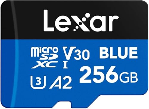 Lexar Tarjeta micro SD azul de 256 GB de hasta 160 MB/s, tarjeta de memoria microSDXC UHS-I con adaptador SD, C10, U3, A2, V30, Full HD, 4K UHD,