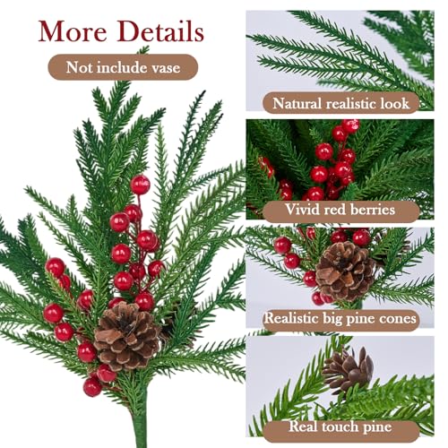 12 Pcs Norfolk Pine Branches, Artificial Pine Branches, 17" Norfolk Pine Branches, Long Christmas Greenery Stems with Red Berries and Pine Cores for Christmas Vases DIY Crafts Home Decor - Image 5