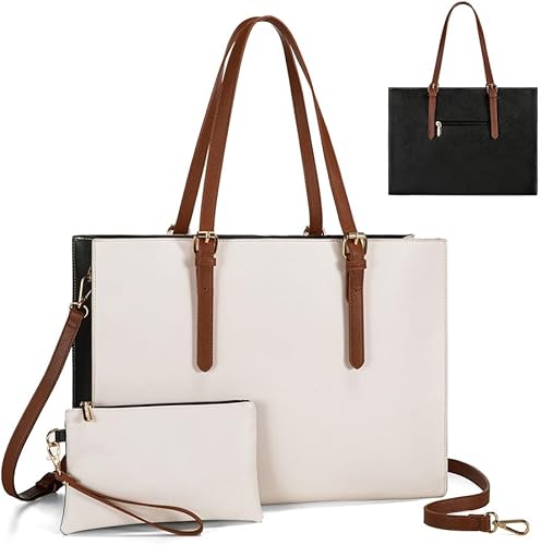 LOVEVOOK Bolsa de mano para laptop para mujer, maletín grande para computadora de 15.6 pulgadas, bolsa de cuero impermeable con puerto de carga USB,