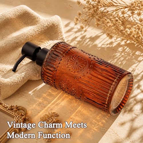 Image of Vintage Glass Soap Dispenser, 16 fl oz Refillable Liquid Hand Soap Bottle with Pump, Sunflower Embossed Dish Soap Dispenser for Bathroom, Kitchen, Shower (Amber)