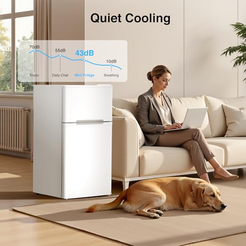 Image of Kismile 2.5 Cu.Ft Mini Fridge with Freezer, Double Door Compact Refrigerator, 3-Level Mechanical Thermostat, Reversible Door&Removable Shelves, Quiet Fridge Ideal for Office, Apartment, Dorm, White