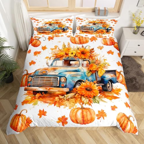 Happy Thanksgiving Kids Duvet Cover Set Full Size,Fall Harvest Truck Pumpkin Maple Leaves Bedding Set,Boys Girls Room Decor,Autumn Rustic Farmhouse Comforter Cover,Orange Quilt Cover,2 Pillowcases