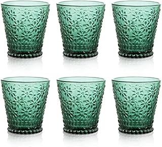 Joeyan 250ml Coloured Water Glasses - Set of 6 Vintage Green Glassware Set - Embossed glass Tumblers for Tea, Water, Juice, Cocktail, Beverages