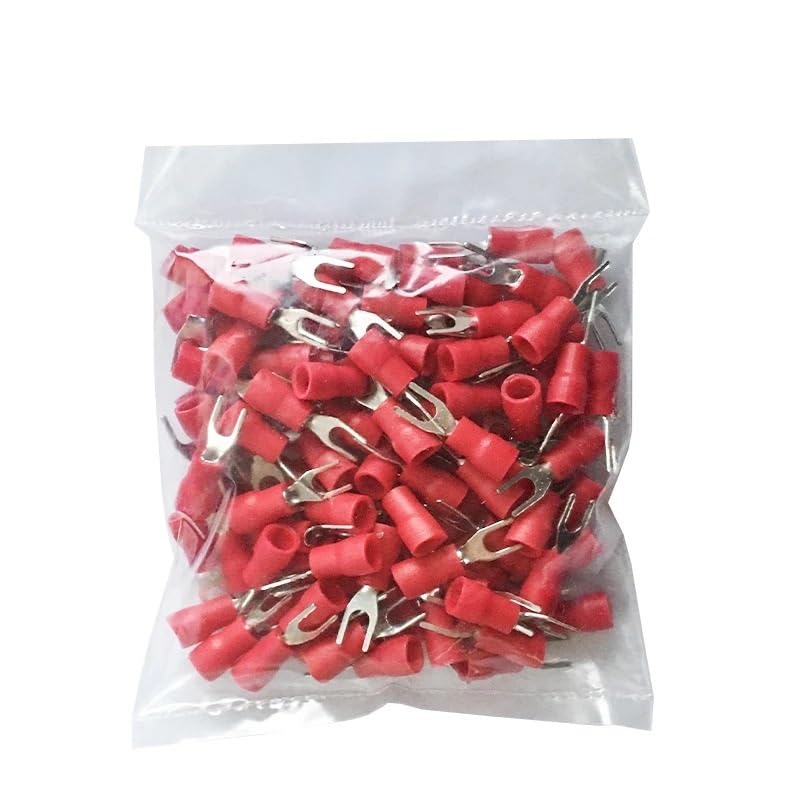 50/100Pcs SV1.25/2/3.5/5.5 Insulated Brass Fork Spade Wire Connectors U Type Electrical Crimp Terminal for 22-10AWG 0.5-6mm(Red,50PCS,SV1.25-6)