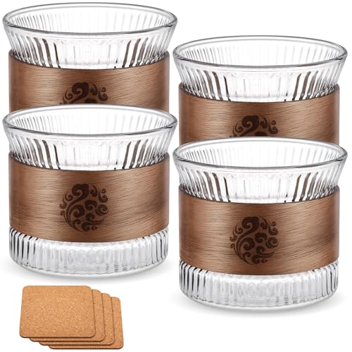 Geiserailie 4er Set Glas Espressotassen 170 ml und 4 Korkuntersetzer Cappuccinotassen mit Becherhülse aus Walnuss Holz Kaffeetassen für Kaffeeliebhaber für Latte, Iced Americano, Milch