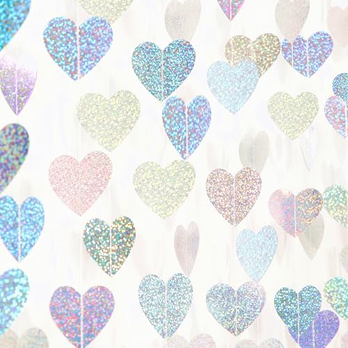 Image of Iridescent Disco-Holographic Party-Decorations Heart Streamers-Garland - 52ft Glitter Dance Hanging Paper Banner, Wedding Bachelorette Birthday Euphoria Galentines Decor Hugfond