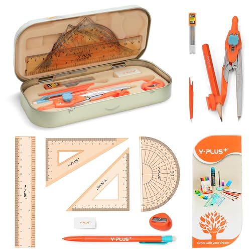YPLUS Geometry Set for Students Math Protractor Compass with Rulers Mechanical Pencil Box of Protactors Kit for Class Supplies and School Kids Toddler - 12 Pcs Maths set