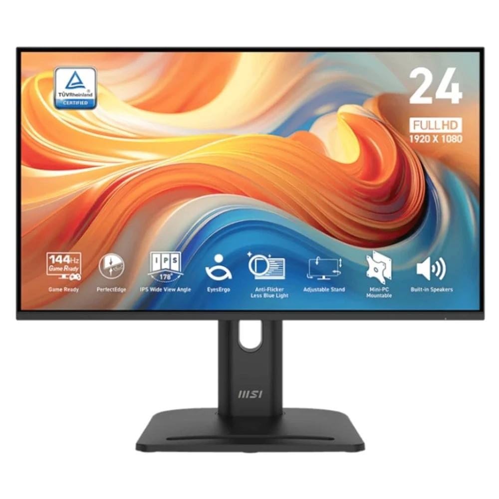 MSI Pro MP245PG E14 Monitor de 24" FHD, 1920 x 1080 IPS, 144 Hz, 1 ms, Compatible con HDR, Adaptive-Sync, Eye Care, Altavoz Integrado, HDMI 2.0, DP 1.2a, inclinación/Altura Ajustables, VESA - Negro