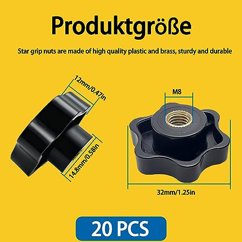 Sterngriffmutter Innengewinde M8 × 32mm, 20 Stück Klemmknopf, Schwarz Kunststoff Rändelmutter, Sternkopf Klemmknopf, Rändelknopf, Rändelgriffmuttern für Mechanische, Industrie Elektronischen Geräten