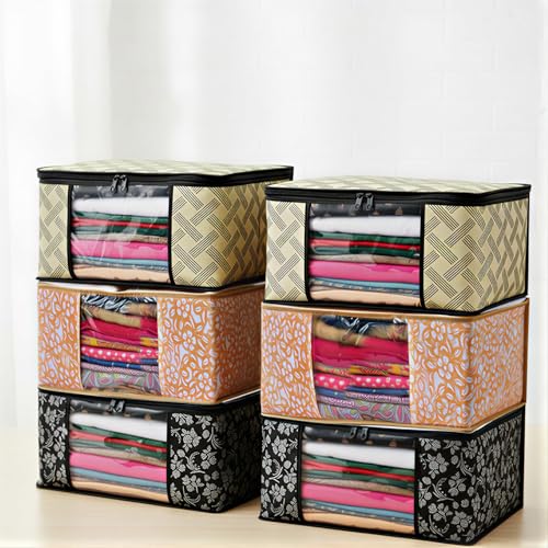 Image of Non-Woven Wardrobe Organizer Bags (Set of 6, Multicolor) | Heavy-Duty Strong Zipper Clothes Storage Covers | Foldable Dust-Proof Closet & Bedroom Organizer for Sarees, Blankets & Seasonal Garments