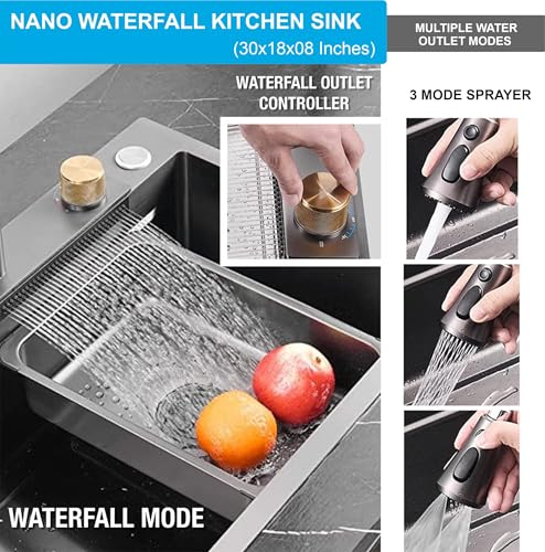 Image of Fossa 30 inchx18 inchx09 inch 5-Year Warranty Single Bowl Waterfall Kitchen Sink Honeycomb Embossed Sink with Nano Coating, Stainless Steel, Rectangular Workstation, Faucet with Included All Accessories. (Grey)
