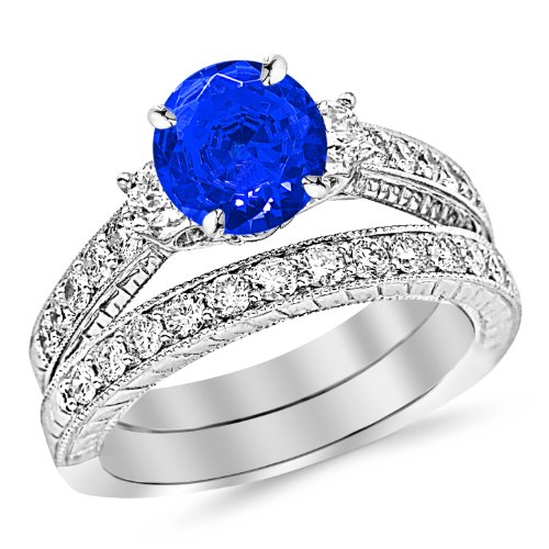 3.03 Carat 14K White Gold Three Stone Vintage With Milgrain & Filigree Bridal Set with Wedding Band & Diamond Engagement Ring with a 2 Carat Natural Blue Sapphire Center (Heirloom Quality)
