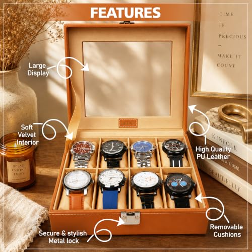 Image of LEDO Watch Box Holder Organizer Case in 8 slots of Watches with Transparent Look Tan & Cream color Velvet