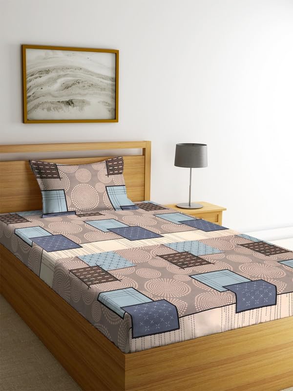 Image of la'amour Premium Glace Cotton 180 TC Flat Single Bedsheets for Summer Breathable | Wrinklefree (Size-60 X 90 Inch) with 1 Pillow Covers (Size-17 X 27 Inches, Beige and Grey)
