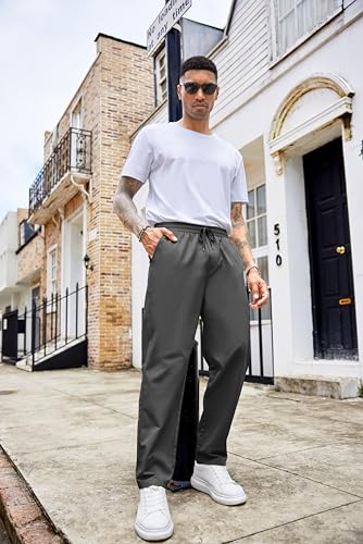 COOFANDY Mens Casual Cotton Pants Regular Fit Elastic Waist Drawstring Twill Straight Leg Chino Pants Dark Grey4