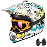 ILM Youth Kids Dirt Bike Helmet ATV Motocross DOT Off-road Street Helmet Goggles Gloves Full Face Protective Helmet Model BLD-818(SDY,Youth-Large)