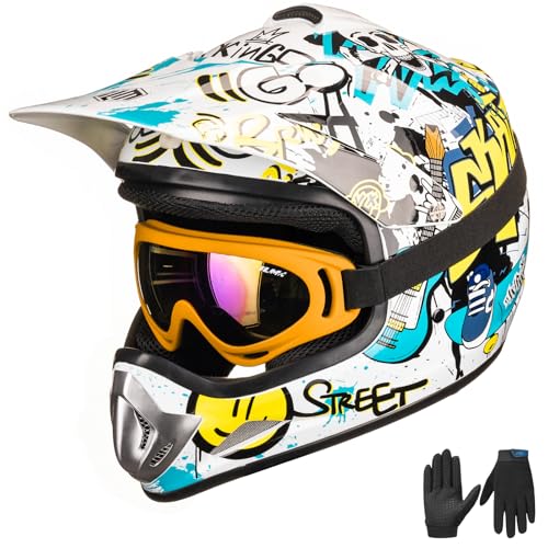 ILM Youth Kids Dirt Bike Helmet ATV Motocross DOT Off-road Street Helmet Goggles Gloves Full Face Protective Helmet Model BLD-818(SDY,Youth-Large)