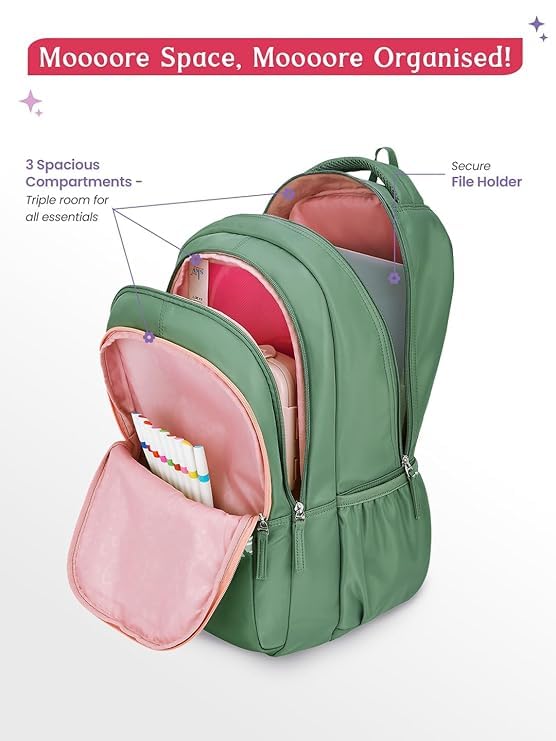 Image of Genie Mira School Backpack For Girls |19 Inch-36 Litres With Three Compartments, Light Weight with Padded Shoulders |Best for Books, Water Bottles, Stationery, Lunch Box & Essentials - Sage