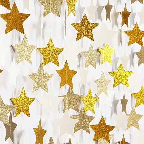 Image of White-Gold Champagne Party-Decorations Bachelorette-Christmas Garland - 62ft Twinkle Little Star Hanging Streamers Banner, Wedding Birthday Baby Bridal Shower Engagement Decor Hugtmr