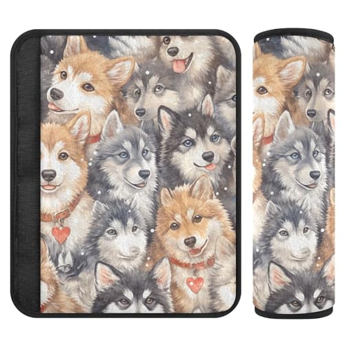 Multi Cartoon Cute Siberian Husky Dogs 2 pcs carseat Straps Covers, More Comfort Driving, Seatbelt Cover for Truck Auto Airplane 10x7.7 in forro para cinturon de segurida