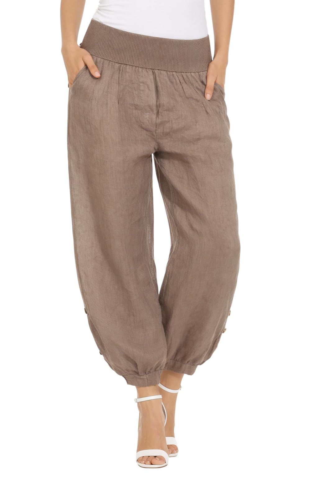 Mississhop Pantalon de loisirs décontracté pour femme en toile 100 % lin avec boutons uni - Marron - W40