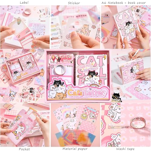 Image of The AutoStory Cute Feline Scrapbook Kit A6 Junk Journal Notebook Kawaii Animal Stickers Pet Collage Papers Washi Tape DIY Art Diary Crafting Supply Gifts Teen Girls (Cat's Letter, Pink)