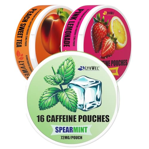 Image of LyvWel 72mg Caffeine Energy Pouches - Spearmint, Peach Sweet Tea, Pink Lemonade - Clean Energy & Focus with Guarana - 3-Pack (48 Total Pouches)