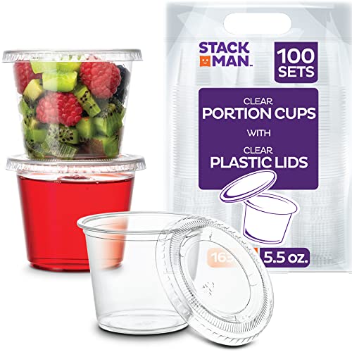 Image of Stack Man [100 Sets - 5.5 oz.] Plastic Clear Portion Cups, Snack /Yogurt /Parfait /Pudding /Souffle /Dessert Cups, Disposable Containers with Lids 5.5oz. (Pack of 12)