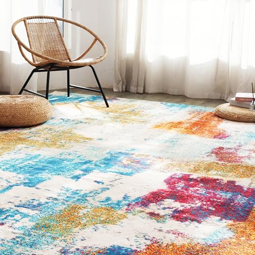 Carvapet 9x12 Red Abstract Area Rug – Modern Large Washable 9 x 12 Low Pile Carpet with Rubber Backing, Foldable Non Slip Thin Rugs for Living Room, Bedroom, Dorm