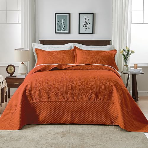 Image of Qucover Alaska King Bedspread, Extra Wide Oversized King Bedspread 132x 120, 3 Piece Soft Microfiber Lightweight Oversized King Quilts Set, Vintage Persian Pattern, Burnt Orange