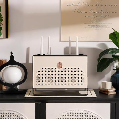 Cache-routeur WiFi en rotin noir meuble multimédia avec cloisons de rangement - 8