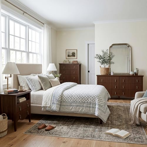 Image of FUSUNBAO Set of 2 Nightstands with Charging Station&2 Fluted Drawers,Walnut | Vintage Bedside Table, 2 Fluted Drawers and Open Shelf, Rustic End Table, Power Outlet and USB Ports, For Bedroom