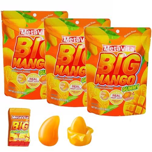 (3 Packs 1LB) MetaVita - Big Peelable Mango Gummy Candy –Individually Wrapped with Real Puree – Chewy Mango Peeling Candy, Gluten-Free