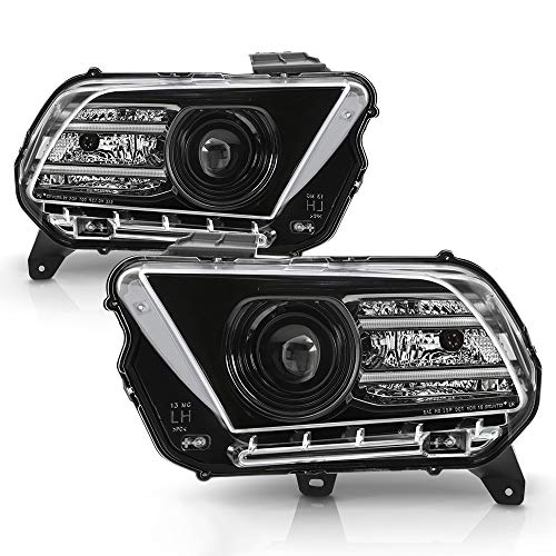 VIPMOTOZ Dual LED Strip Black Housing DRL Projector Headlight Lamp For 2010-2012 Ford Mustang Coupe Convertible Replace Halogen Type Left+Right Pair Set Assembly