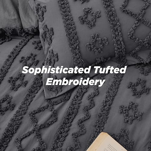 Bedsure Tufted Boho Comforter Set Queen Size - Dark Grey Boho Bed Set, GentleSoft™ 3 Pieces Farmhouse Shabby Chic Embroidery Bedding, Gifts for Woman, Soft Jacquard Queen Comforter for All Seasons