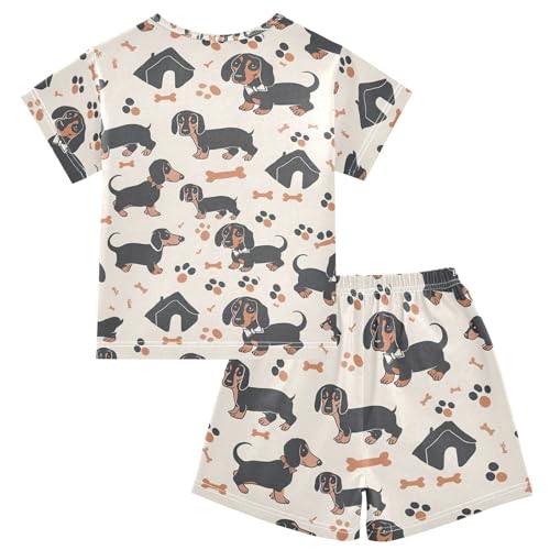 ALAZA Dachshund Dog Bone Paw Print Pajamas Short Sleeve 2 Piece Sleepwear Top and Bottom Pajama Set Unisex2