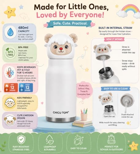 Image of 480ml Stainless Steel Sipper Water Bottle with Straw | Leakproof Animal Sipper Bottle | Reusable Drinking Bottle for School, Travel & Daily Use (Sheep)