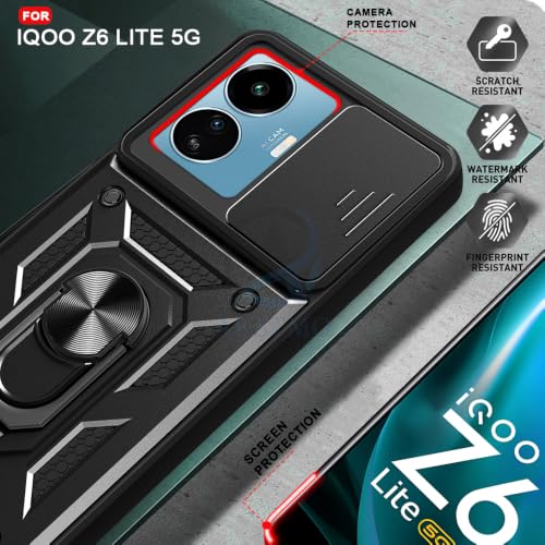 Image of AESTMO Tough Armor iQOO Z6 Lite 5G Bumper Back Case Cover | Ring Holder & Sliding Camera Shield Cover | 360 Degree Protection Back Case Cover for iQOO Z6 Lite 5G (Black)