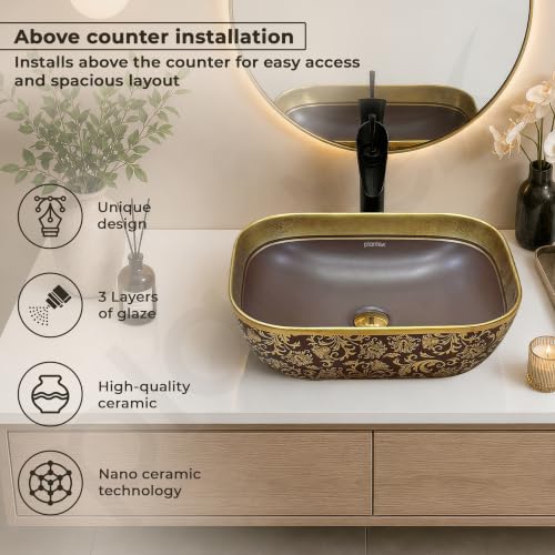 Image of Plantex Designer Ceramic Basin /Table Top Wash Basin for Bathroom /Countertop Vessel Sink - Indo-European Collection (EQTT-466, Gold & Brown)