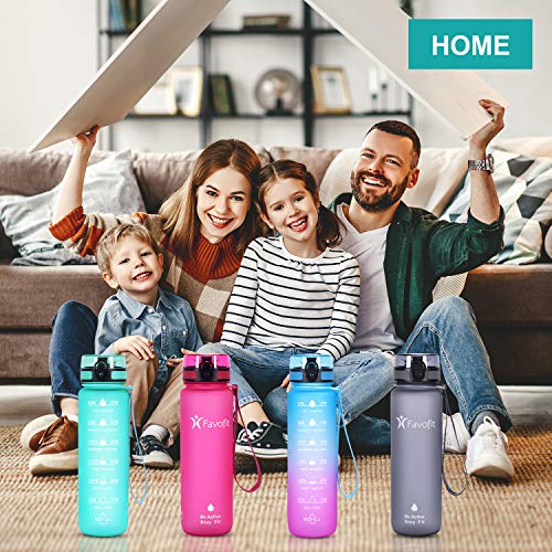 Favofit Water Bottle with Time Marker, 32 oz Motivational Water Bottle with Strainer & Cleaning Brush, Reusable & BPA Free Tritan Water Bottle for Sports & Fitness, Mint