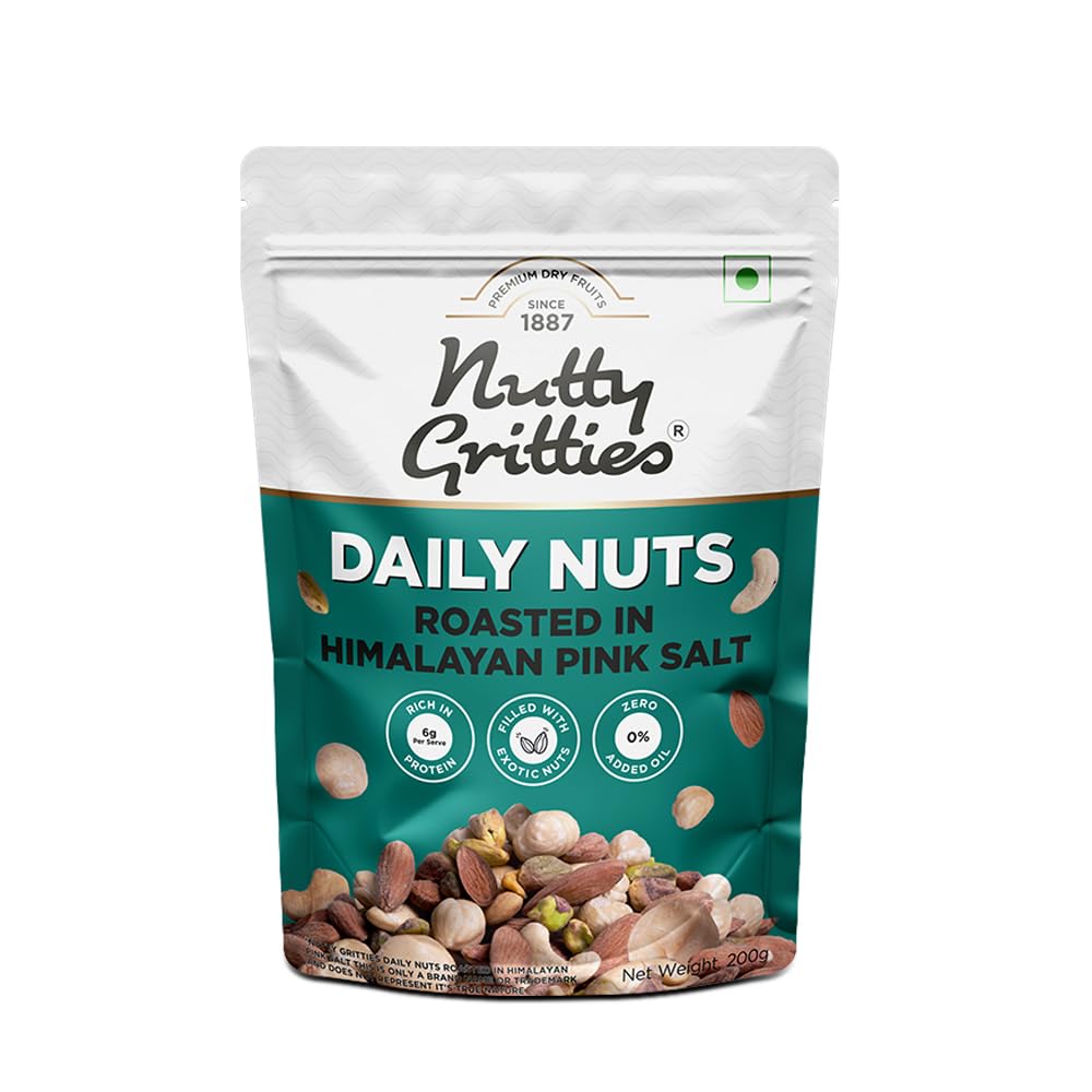 Nutty Gritties Daily Nuts with 5 Exotic Nuts Macadamias, Hazelnuts, Pistachio Kernels, Almonds, Cashews | Dry Roasted with Himalayan Pink Salt | Healthy Snack with Zero Oil, 200g