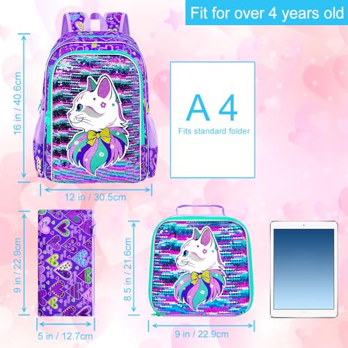 Image of CCJPX 16 inch Cat Backpack for Girls, 3Pcs Kids Sequin Bookbag with Lunch Box, Water Resistant Elementary School Bag for Kindergarten Preschool Toddler (Purple)