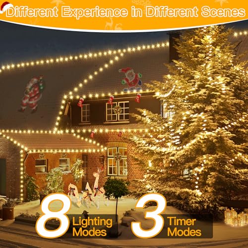 Image of Ollny Christmas Lights 800 LED 262 FT Plug in, IP67 Waterproof Green Wire Outdoor Christmas Lights with Remote, 8 Modes and Timer Outdoor String Light for House Indoor Xmas Decorations (Warm White)
