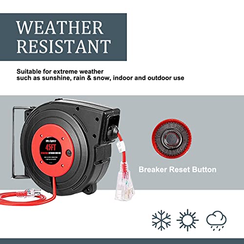 Ultra Explorer Retractable Extension Cord Reel, 45 Ft Heavy Duty Power Cord, 12 Awg/3C Sjtow, 15 Amp Circuit Breaker, Lighted Triple Tap, Ceiling Or Wall Mount, Ul Listed #TOP5