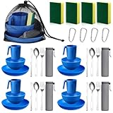 Acellegic Camping Mess Kit for 4, Reusable Plastic Camping Dishes Set Light Weight Tableware Kit Utensils for Backpacking Hiking Picnic Outdoor Essentials Gear (Blue)