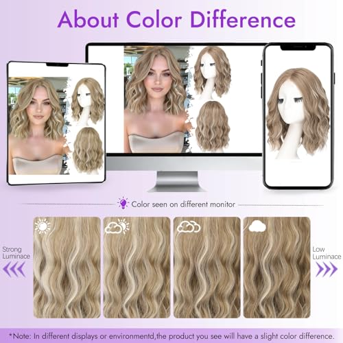 Image of Eawwii Ash Blonde Mix Platinum Short Wavy Wig for Women Lace Hairline Bob Style Synthetic Heat Resistant - Natural Appearance for Everyday Hairstyle 14 Inch
