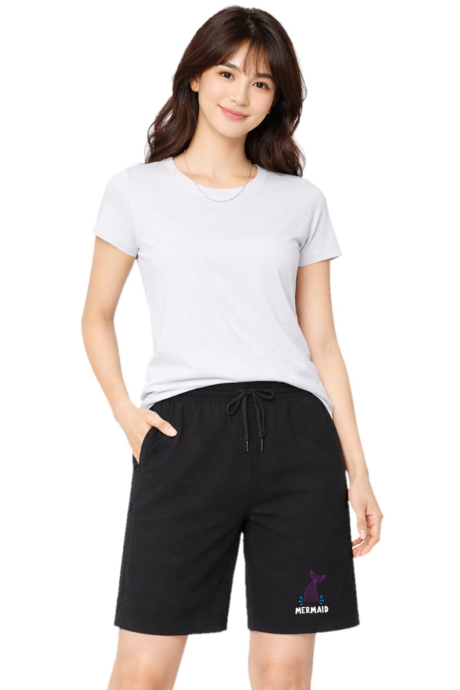 One Side Pocket Mermaid Printed Knee Length Womens Casual Short Black Medium-image-13