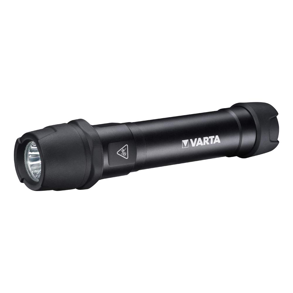 VARTA Indestructible F30 1 Vatios LED Linterna/Linterna de trabajo, incluye 6 pilas AA de larga duración, resistente al agua y al polvo, absorbe impactos, carcasa de aluminio anodizado, negro