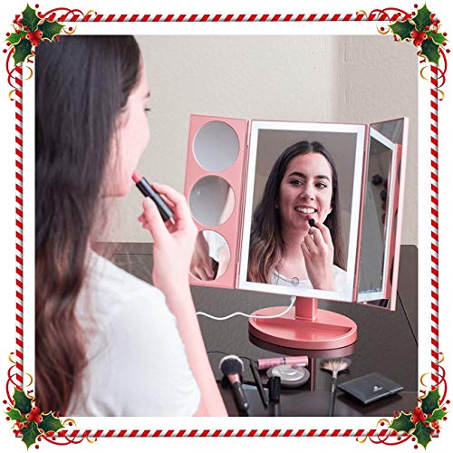Mirrorvana XLarge Vanity Mirror with Lights | 360° Rotatable Extravagant Trifold LED Lighted Makeup Mirror with 10X, 5X, 3X Magnification & Bonus USB Cable (2018 XLarge Rose Gold Model)