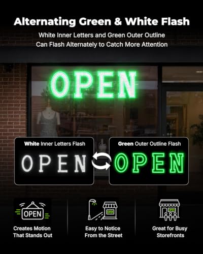 Image of 40 x 12 Inch LED Open Sign for Business - Timer via BT APP & Remote Control, Ultra Bright Large Open Sign with 14 Flash Modes, 6 Dimming Levels & 6 Speed Control for Salon Cafe Restaurant(Green & White)